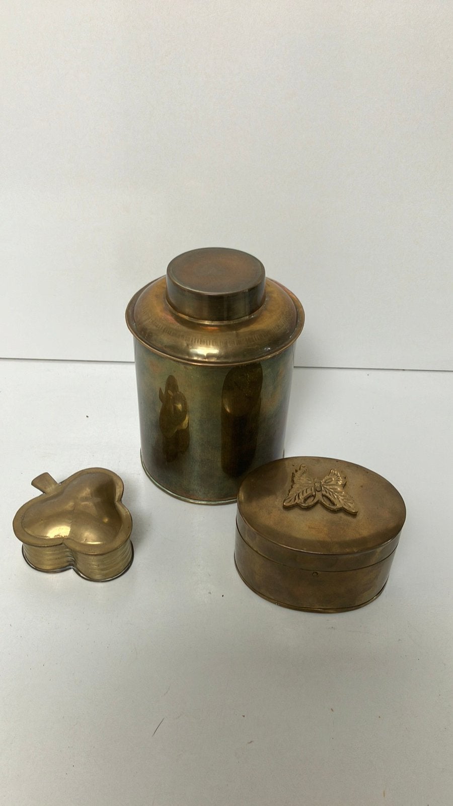 Vintage koper messing pot klaver vlinder juwelen doosje, Ophalen of Verzenden