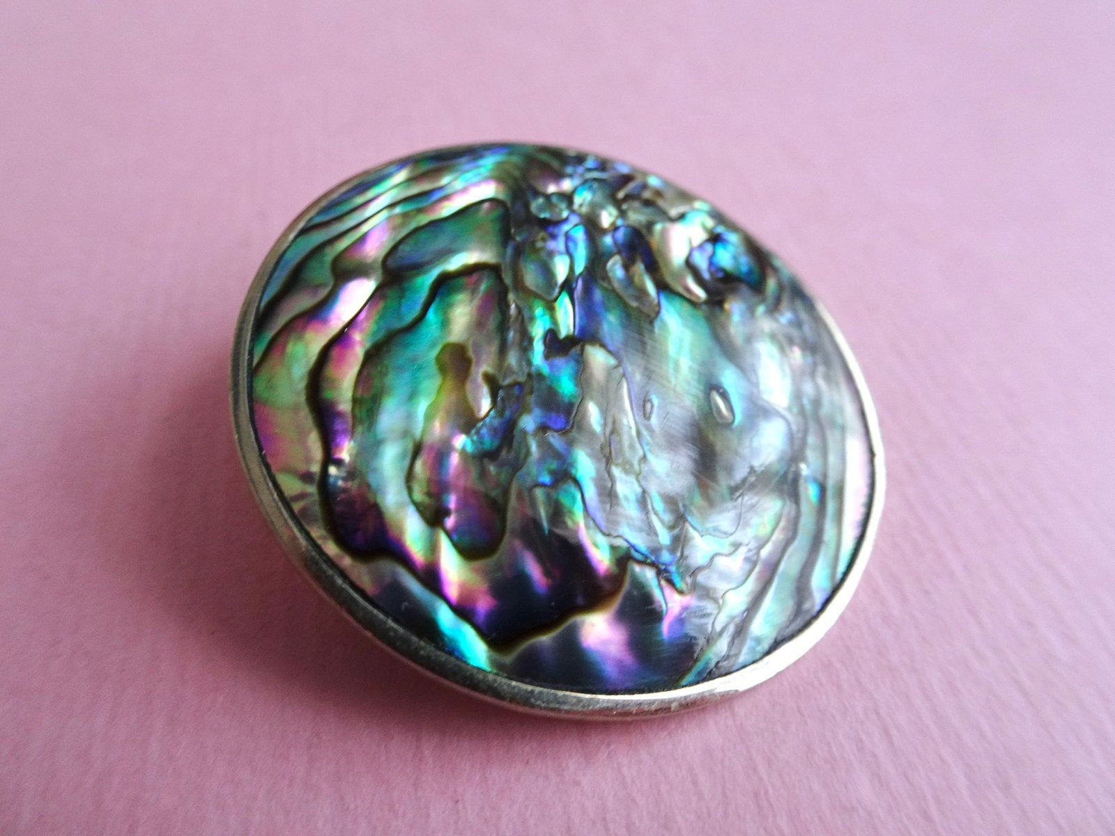 jwg Vintage 70s abalone parelmoer alpaca broche zilver klr, Verzenden, Overige materialen, Broche
