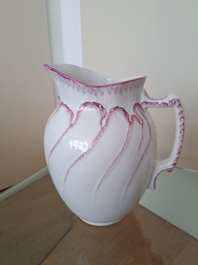 Vintage Witte Kan/Vaas met Paarse Details, Ophalen of Verzenden, Zo goed als nieuw, Wit, Steen/keramiek
