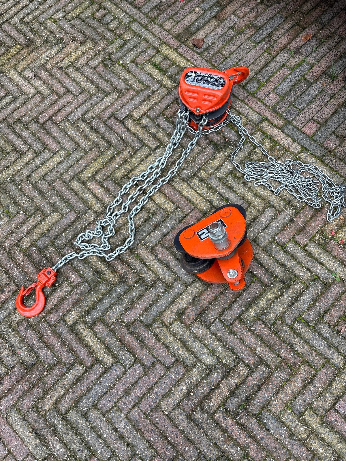 Takelset: Super 100 kettingtakel en Rema loopkat, Doe-het-zelf en Verbouw, Ophalen, Gebruikt, Handmatig