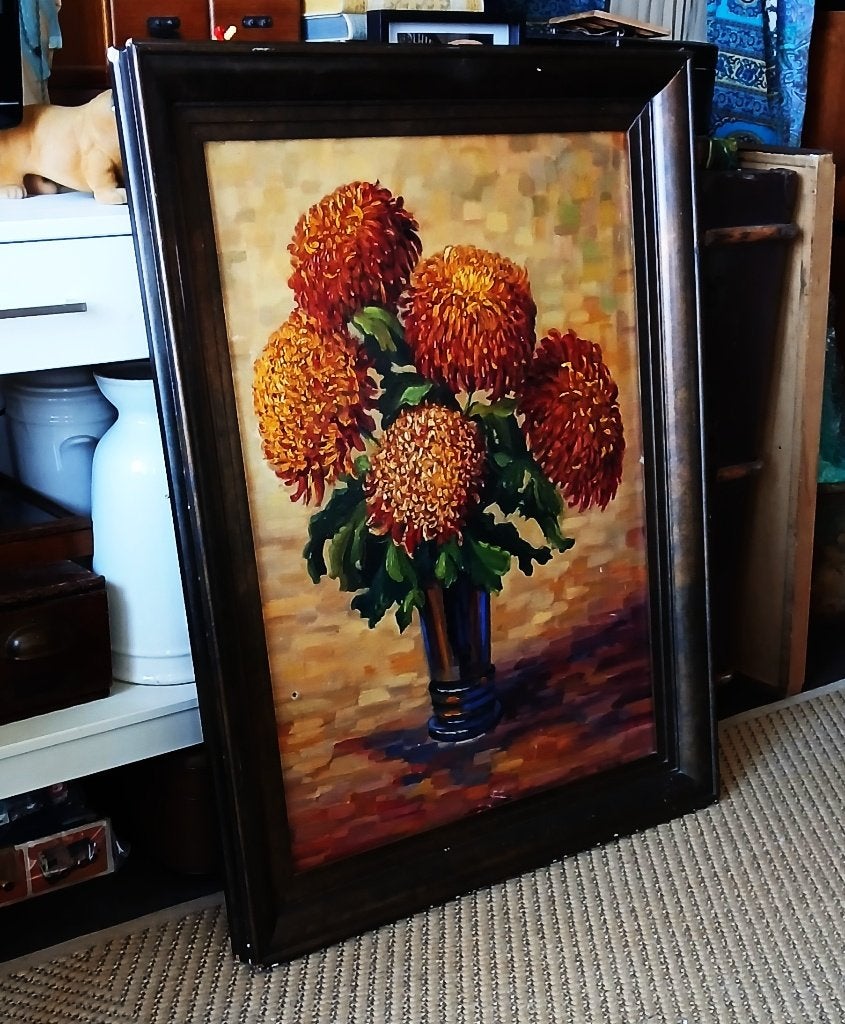 Oud klassiek schilderij olieverf chrysanten in vaas, Olieverf, Klassiek, Origineel werk, Ophalen