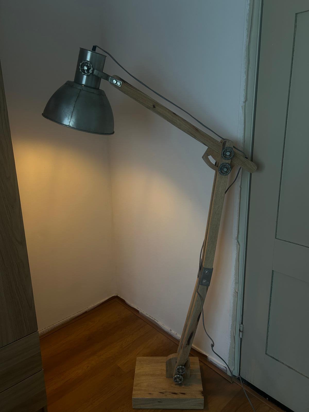 Industriële houten vloerlamp – verstelbaar – vintage look, Ophalen, Gebruikt, Metaal, 150 tot 200 cm