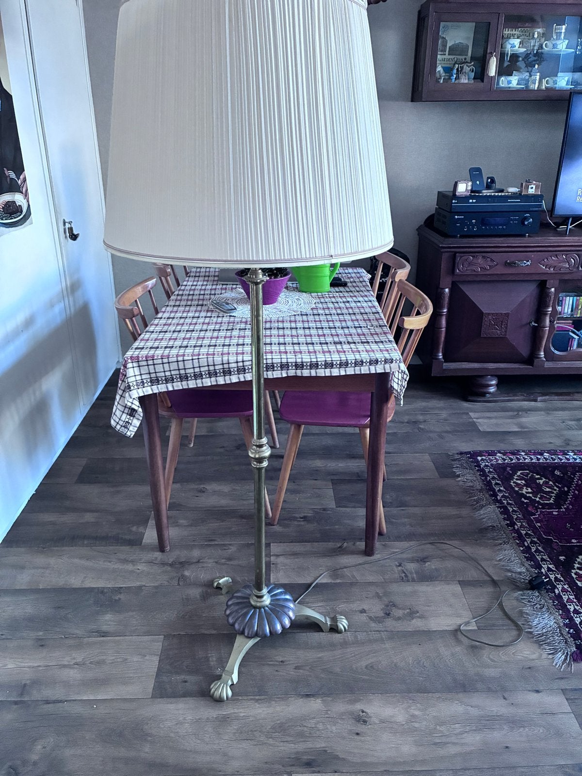 Vintage messing vloerlamp met plissé kap, Ophalen of Verzenden, Gebruikt, Metaal, 150 tot 200 cm
