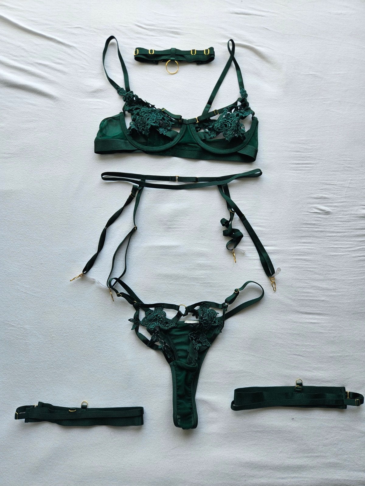 Groene Lingerie Set met Bloemen - Maat M / 75F, Verzenden, Groen, Setje