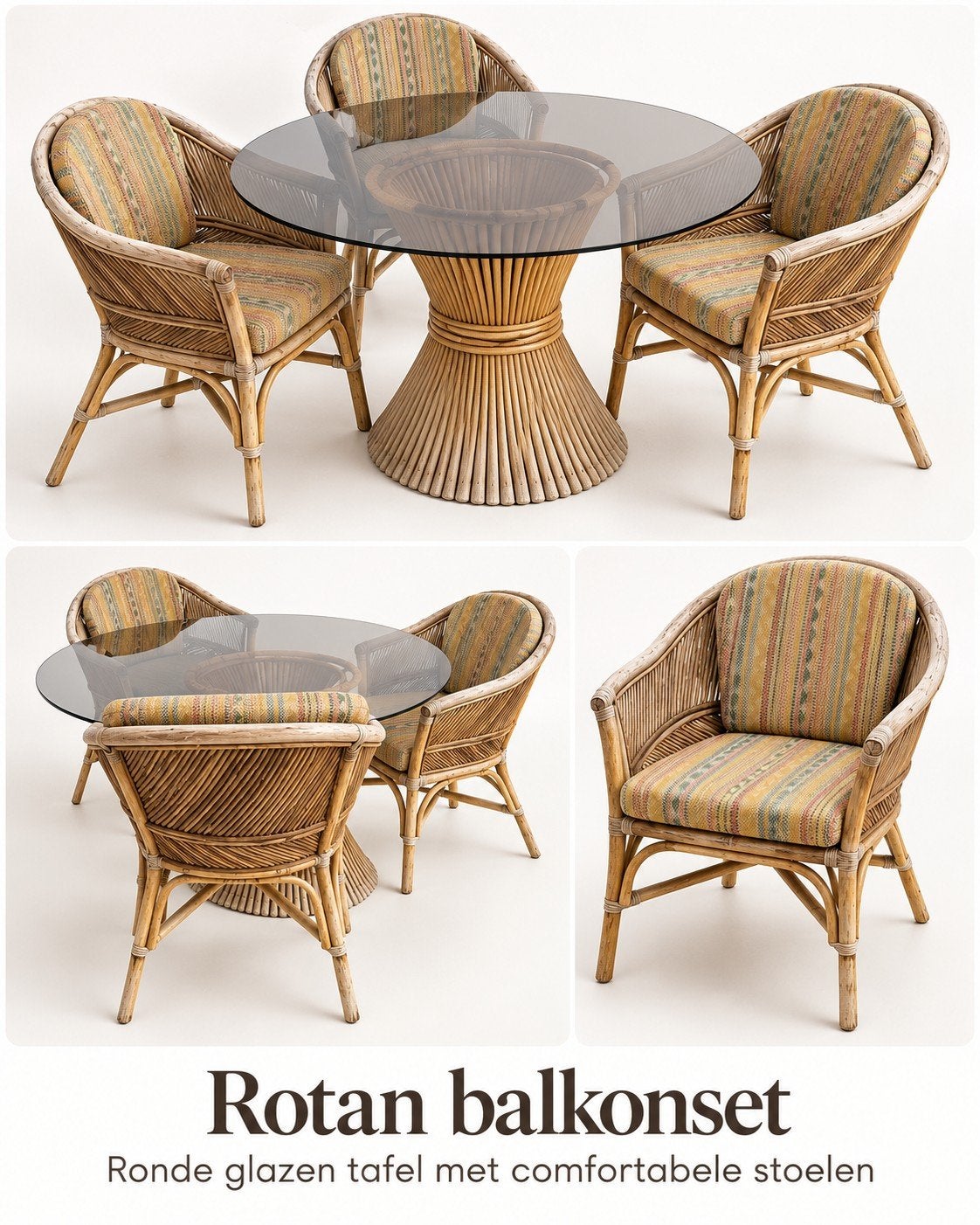 Prachtige rotan zitset – Glazen tafel + 4 fauteuils, Ophalen, Gebruikt, 75 tot 100 cm, Minder dan 50 cm