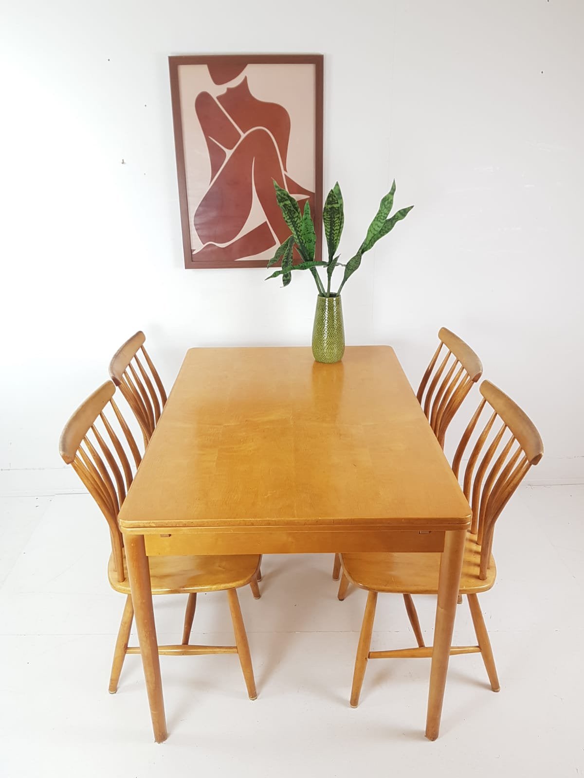 Vintage eettafel en stoelen Zweeds Åkerblom en Eklof berken, Ophalen of Verzenden, Zo goed als nieuw, 4 tot 6 stoelen