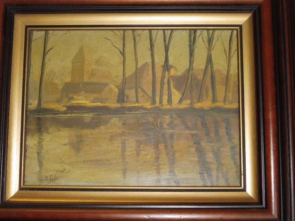 Schilderij, E.Puls, Dorpje aan het water, Antiek en Kunst, Kunst | Schilderijen | Klassiek, Paneel, Ophalen of Verzenden, Landschap