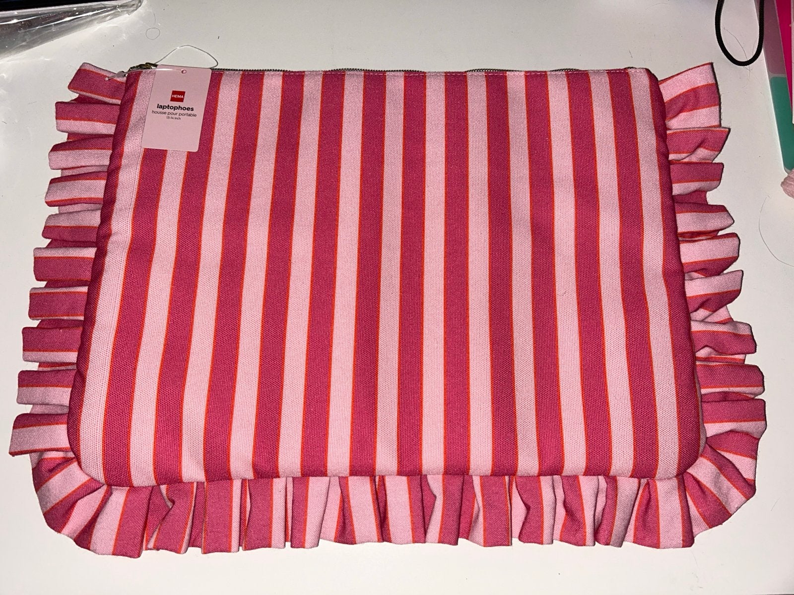 Roze gestreepte laptoptas met ruches - Nieuw, Ophalen, 14 inch, Nieuw