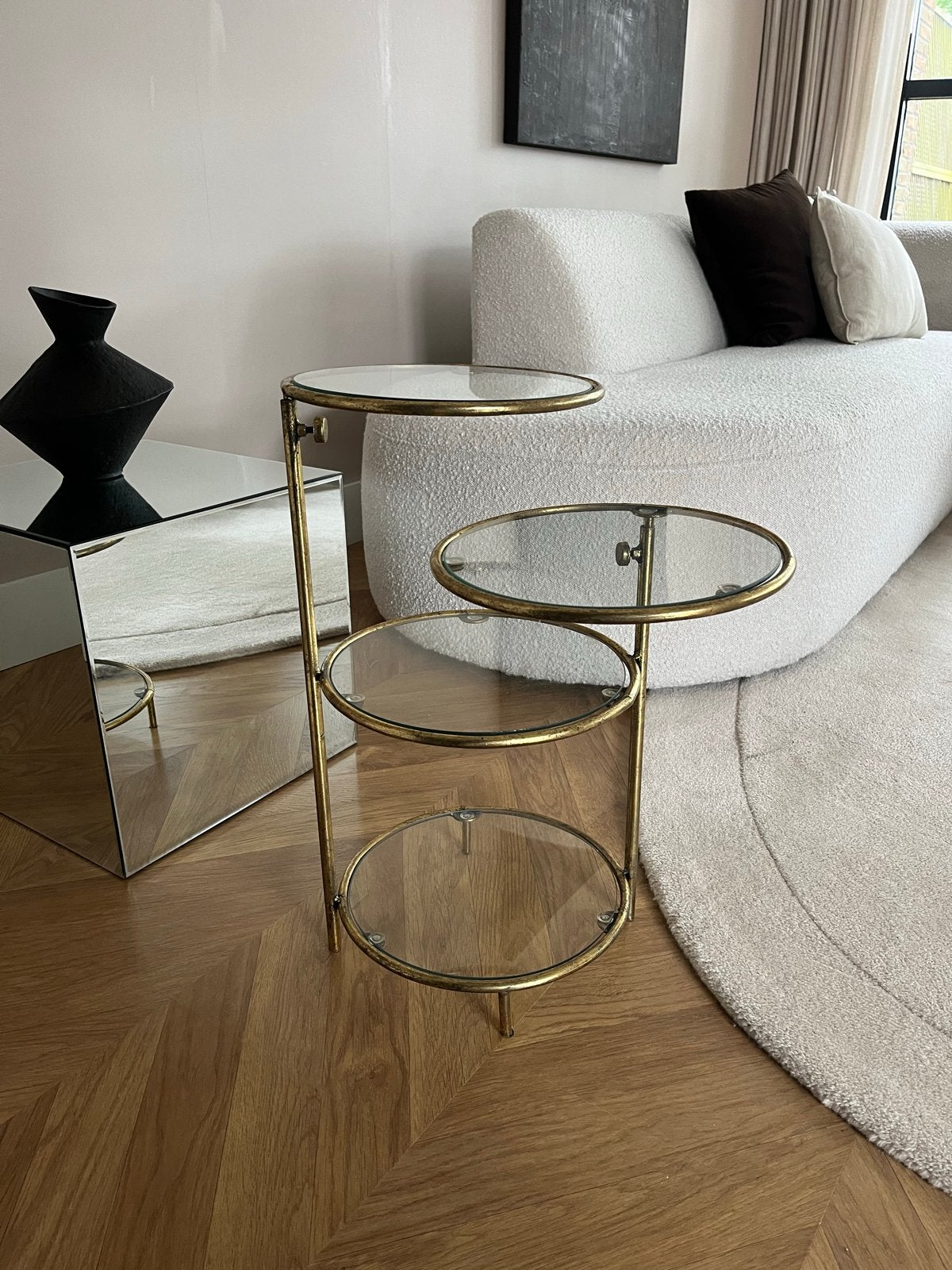 Gouden bijzettafel met glazen bladen - 4 lagen, Minder dan 55 cm, Gebruikt, Rond, Glas