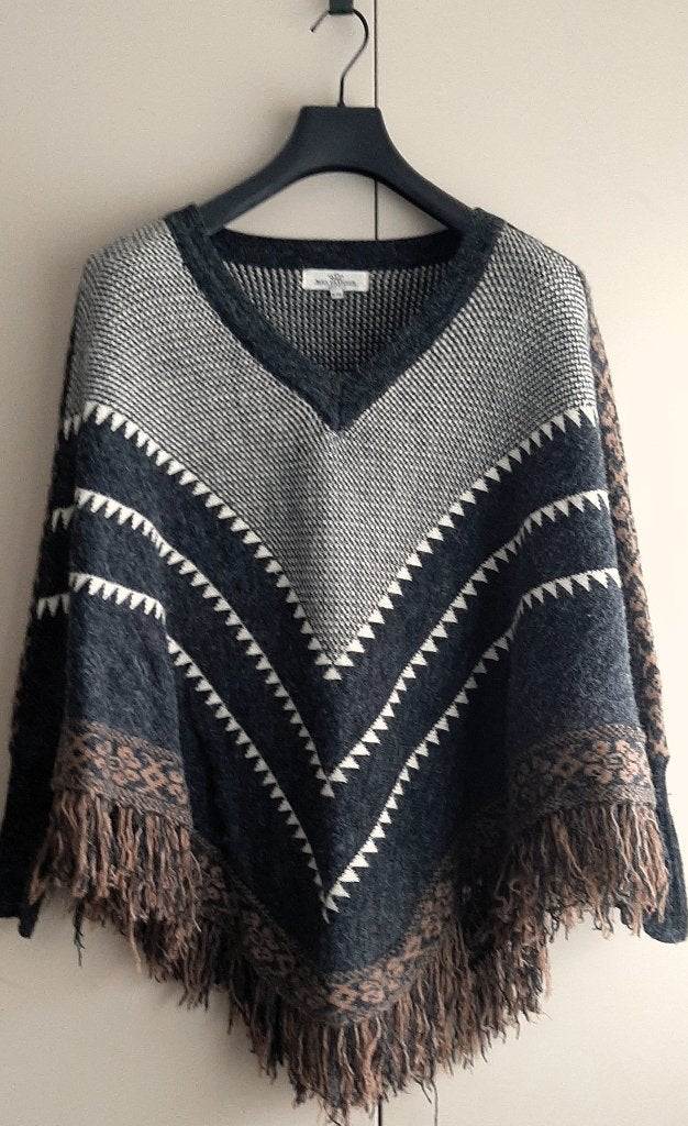 MES Fashion, mooie wollen antraciet/bruine poncho, mt S-M, Maat 38/40 (M), MES Fashion, Ophalen of Verzenden, Zo goed als nieuw