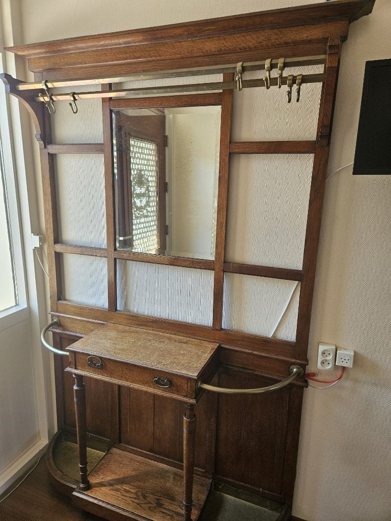 Antieke Art Deco Kapstok Eiken Koperwerk Spiegel Paraplubak, Antiek en Kunst, Ophalen