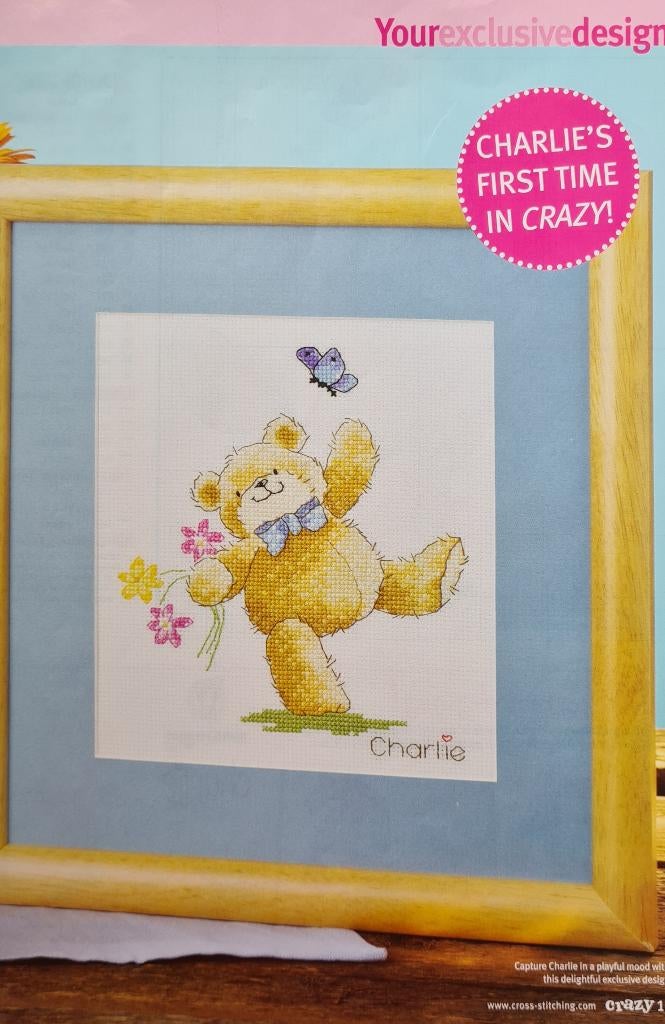 Charlie Teddybeer met vlinder en bloemen borduurpatroon, Ophalen, Nieuw, Handborduren, Patroon