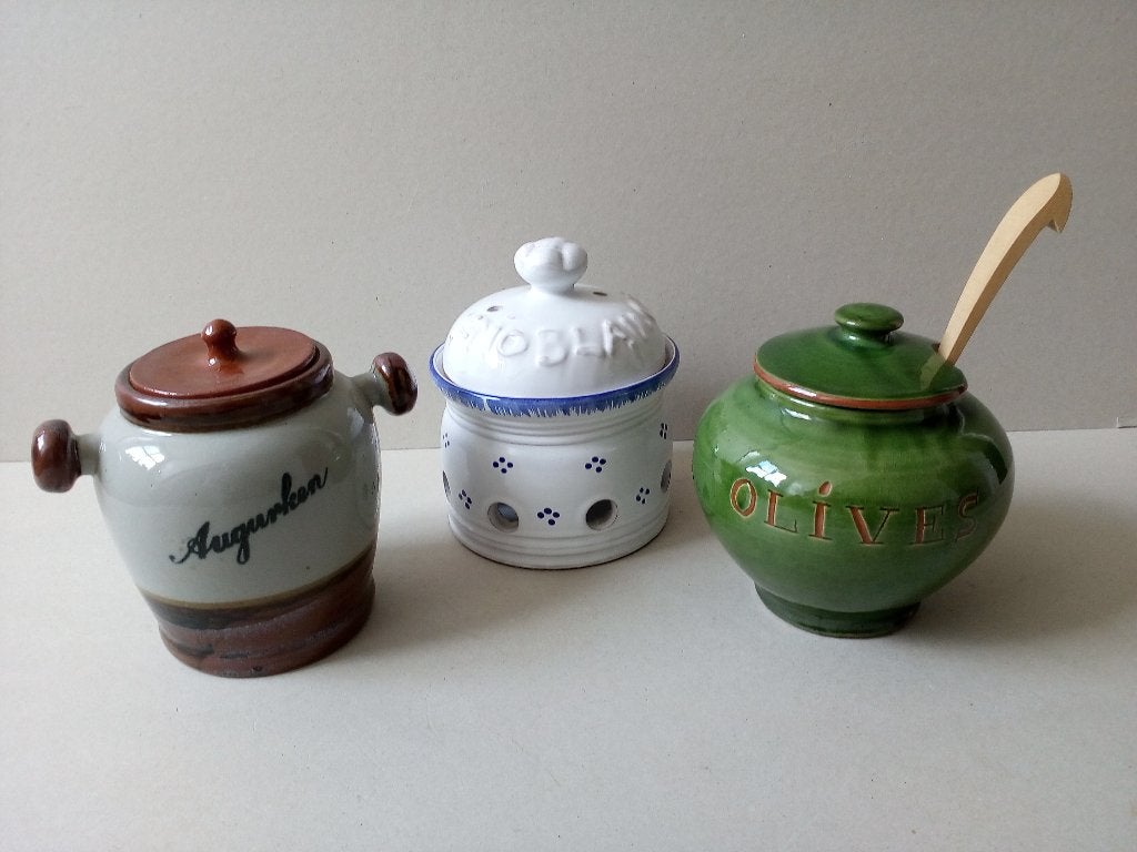 Keramiek knoflook/augurk/olijfpot.Brocante.Pr.p/st.vanaf, Ophalen of Verzenden