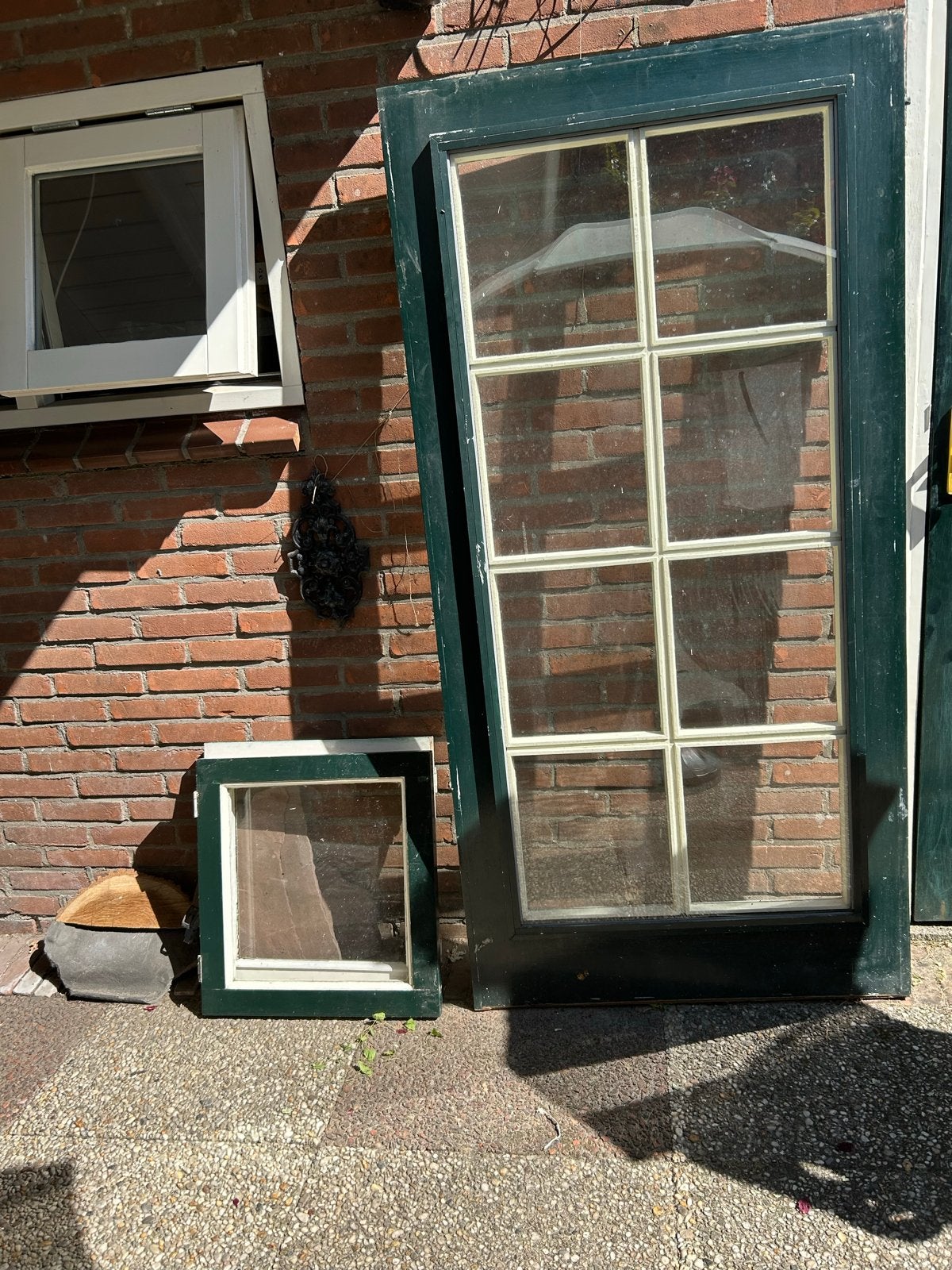 Hardhouten deur met voorzetraam en 2 hardhouten ramen, Ophalen, Gevelraam of Ruit, Gebruikt, 80 tot 120 cm