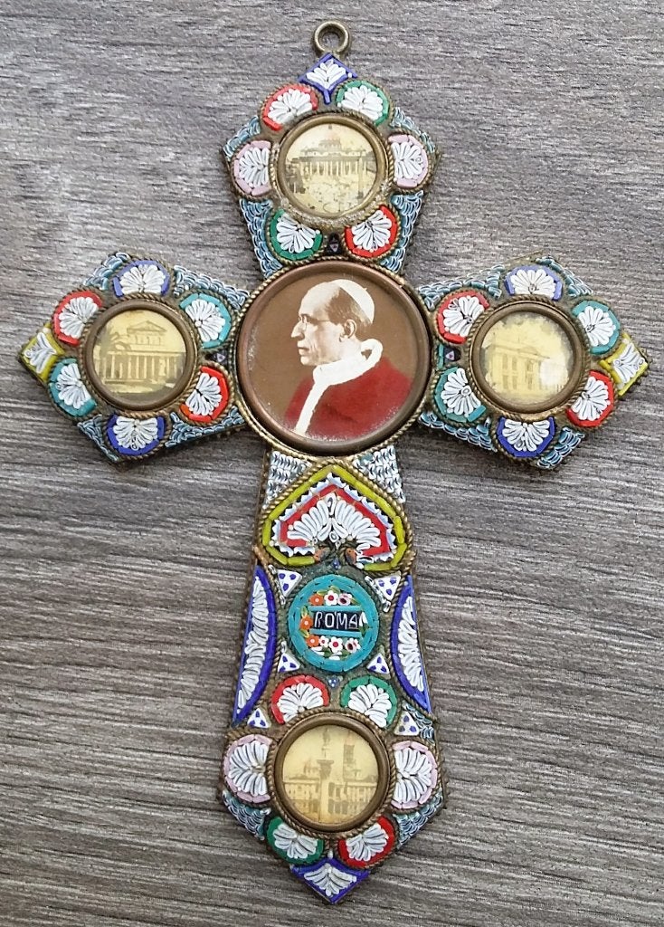 Om 1950-1960 GROOT Gedenk Kruis Micro Mozaiek Paus PIUS VII, Ophalen of Verzenden
