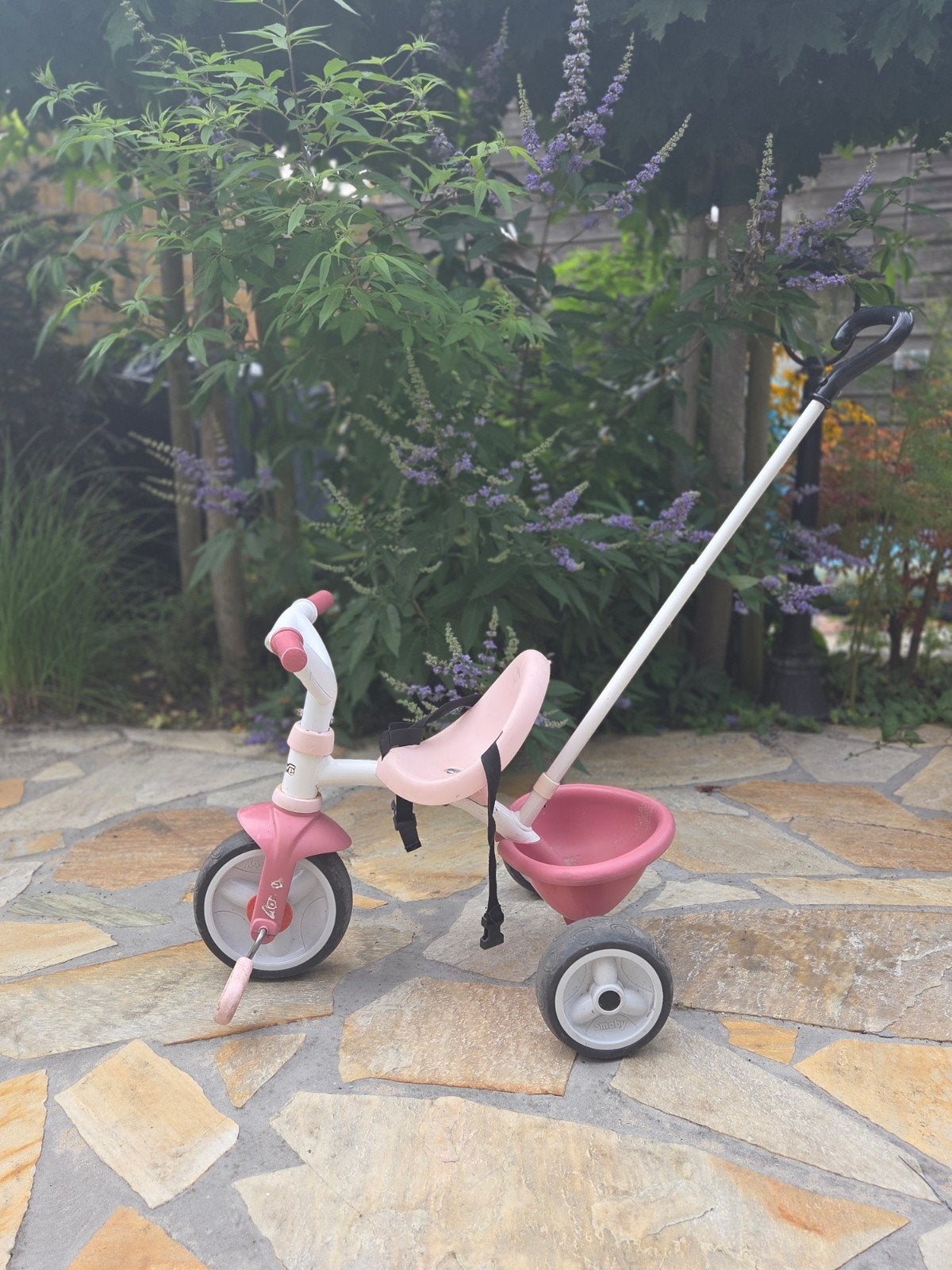 Roze driewieler met duwstang voor kinderen, Ophalen, Gebruikt, Terugtraprem, Duwstang