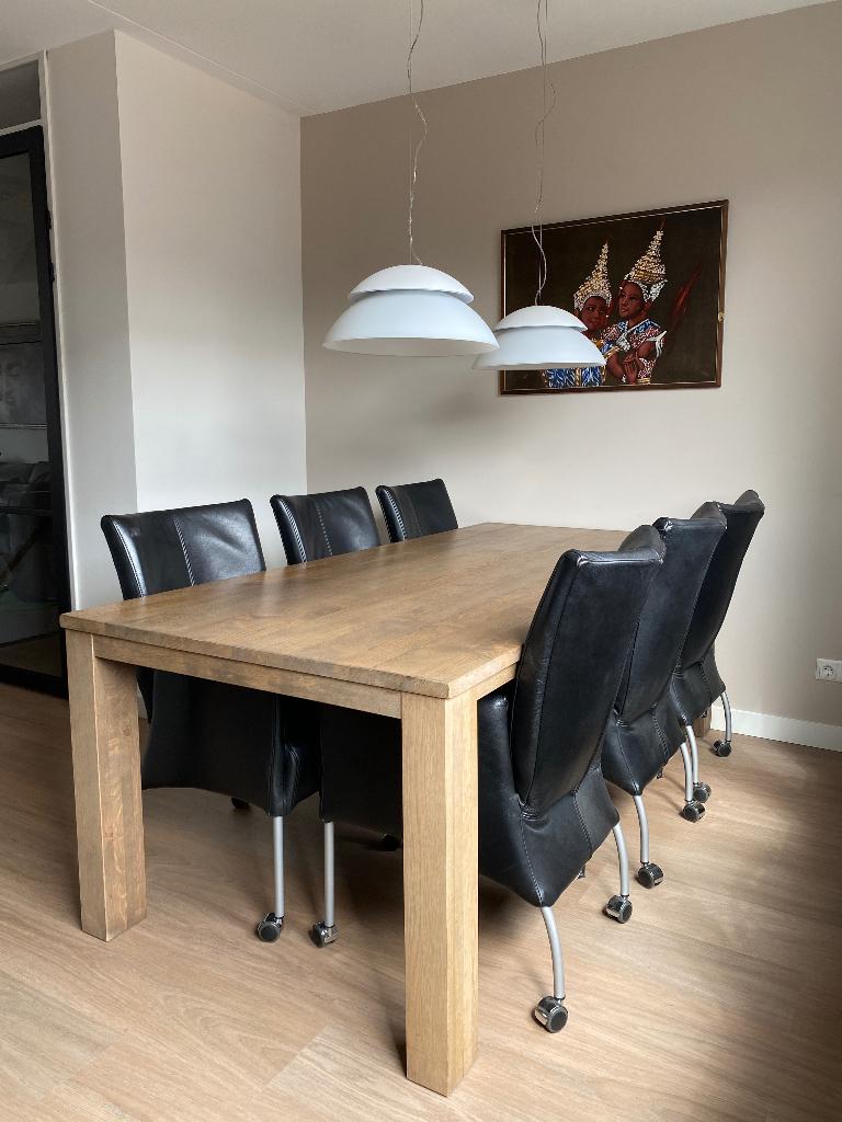 Massief eikenhouten tafel en stoelen, Ophalen, Gebruikt, Eikenhout, 200 cm of meer