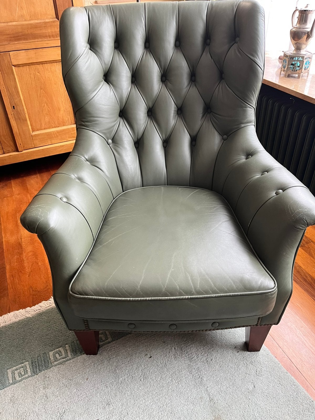 Vintage fauteuil - Groen, Ophalen, Gebruikt, Leer, 75 tot 100 cm