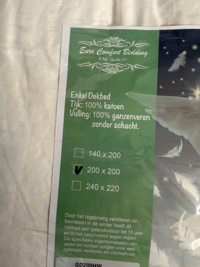 Dekbed enkel 200x200cm 100% ganzenveren NIEUW, Wit, Ophalen of Verzenden, Deken of Dekbed, Nieuw
