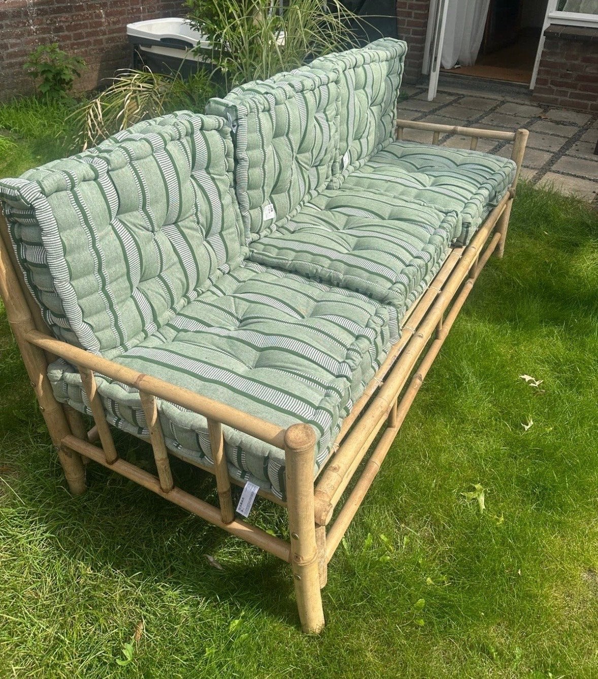 Bamboe tuinbank Xenos met nieuwe Zeeman palletkussens, Ophalen, Zo goed als nieuw, Overige materialen