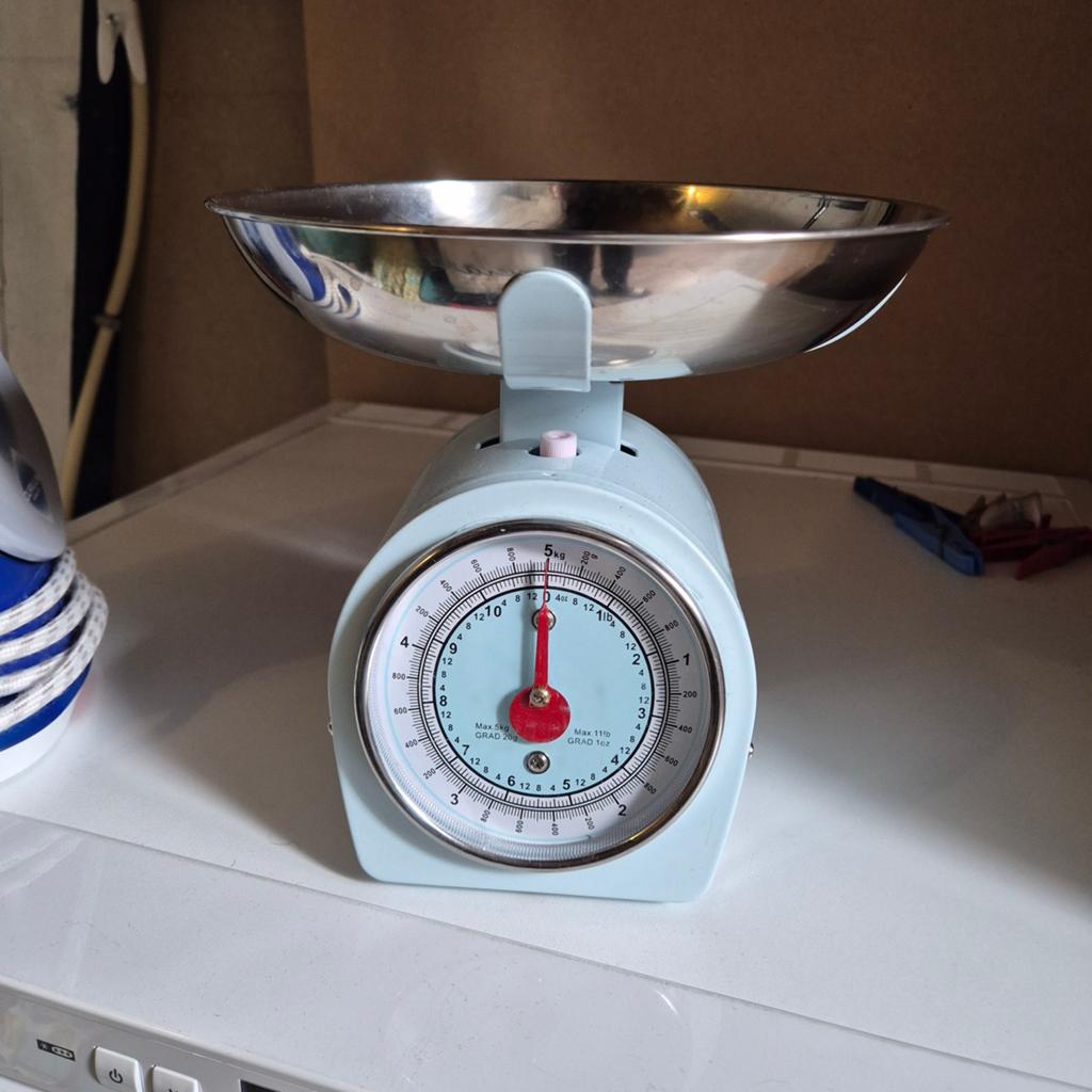Vintage Keukenweegschaal - Lichtblauw met RVS Kom, Witgoed en Apparatuur, Weegschalen, Gebruikt, Analoog, Keukenweegschaal, 1 tot 500 gram
