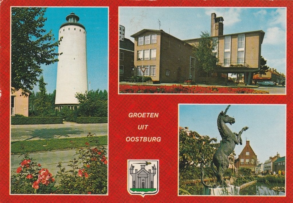 OOSTBURG Watertoren Raadhuis Eenhoorn Groeten, Verzenden, 1960 tot 1980, Gelopen, Zeeland