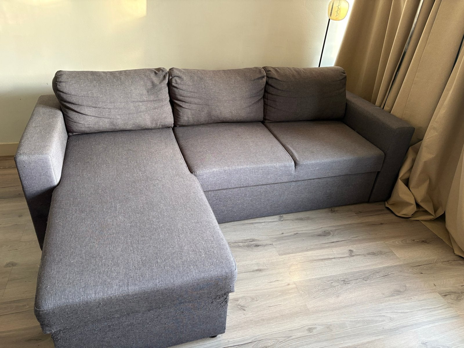 Uitschuifbare slaapbank met hoek en opbergruimte, Ophalen, Gebruikt, 125 tot 150 cm, Tweepersoons