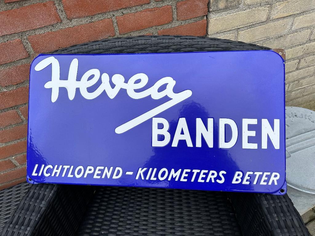 Mooi origineel emaille HEVEA BANDEN bord., Verzamelen, Merken en Reclamevoorwerpen, Ophalen of Verzenden, Gebruikt, Reclamebord