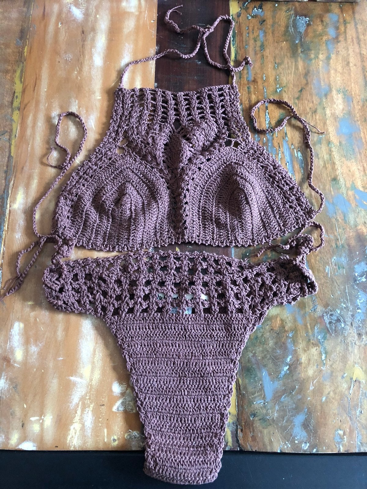 Nieuw gehaakt crochet bikini bruin stretch, Verzenden, Nieuw, Bruin, Bikini