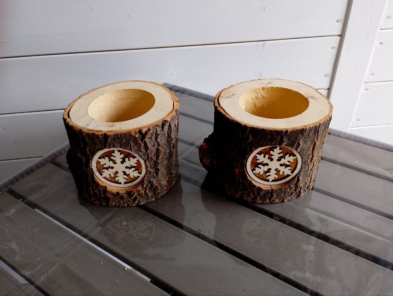 Set houten kaarshouders boomstam, Ophalen