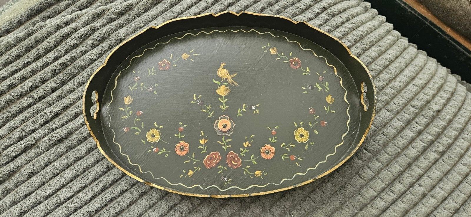 Vintage handgeschilderd dienblad met bloemen en vogel, Ophalen of Verzenden