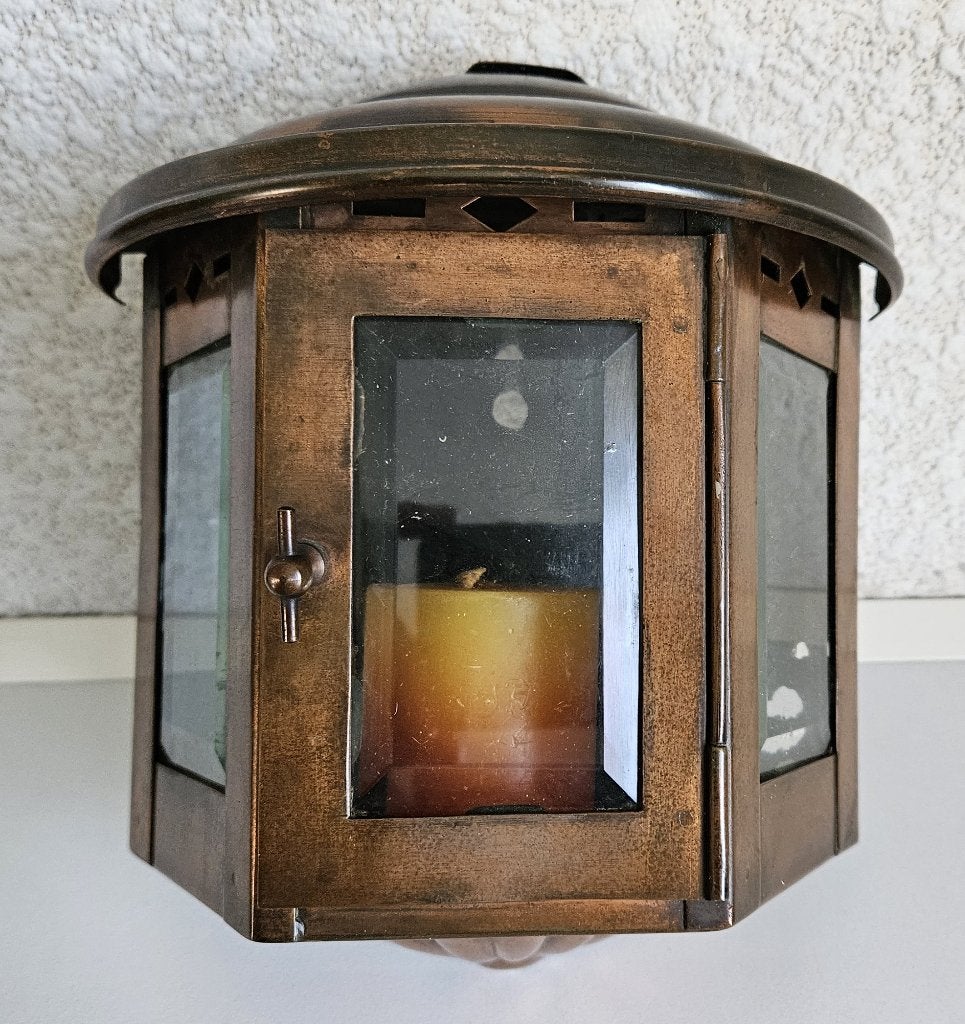 Roodkoperen windlicht met geslepen glas vintage jaren '60, Ophalen, Koper