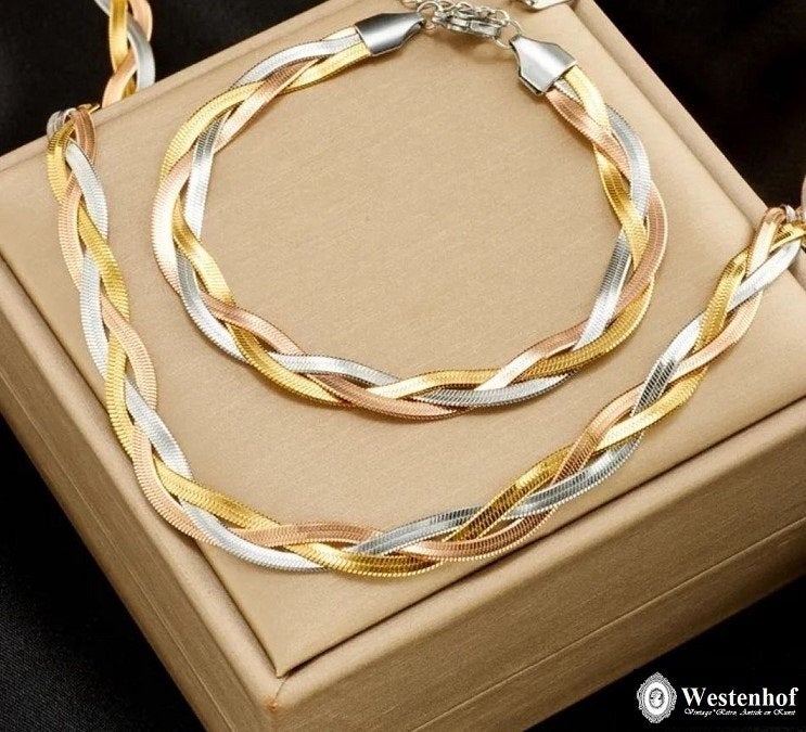 Sieraden set juwelen drie kleuren goud ketting + armband, Ophalen of Verzenden, Nieuw, Goud, Overige materialen