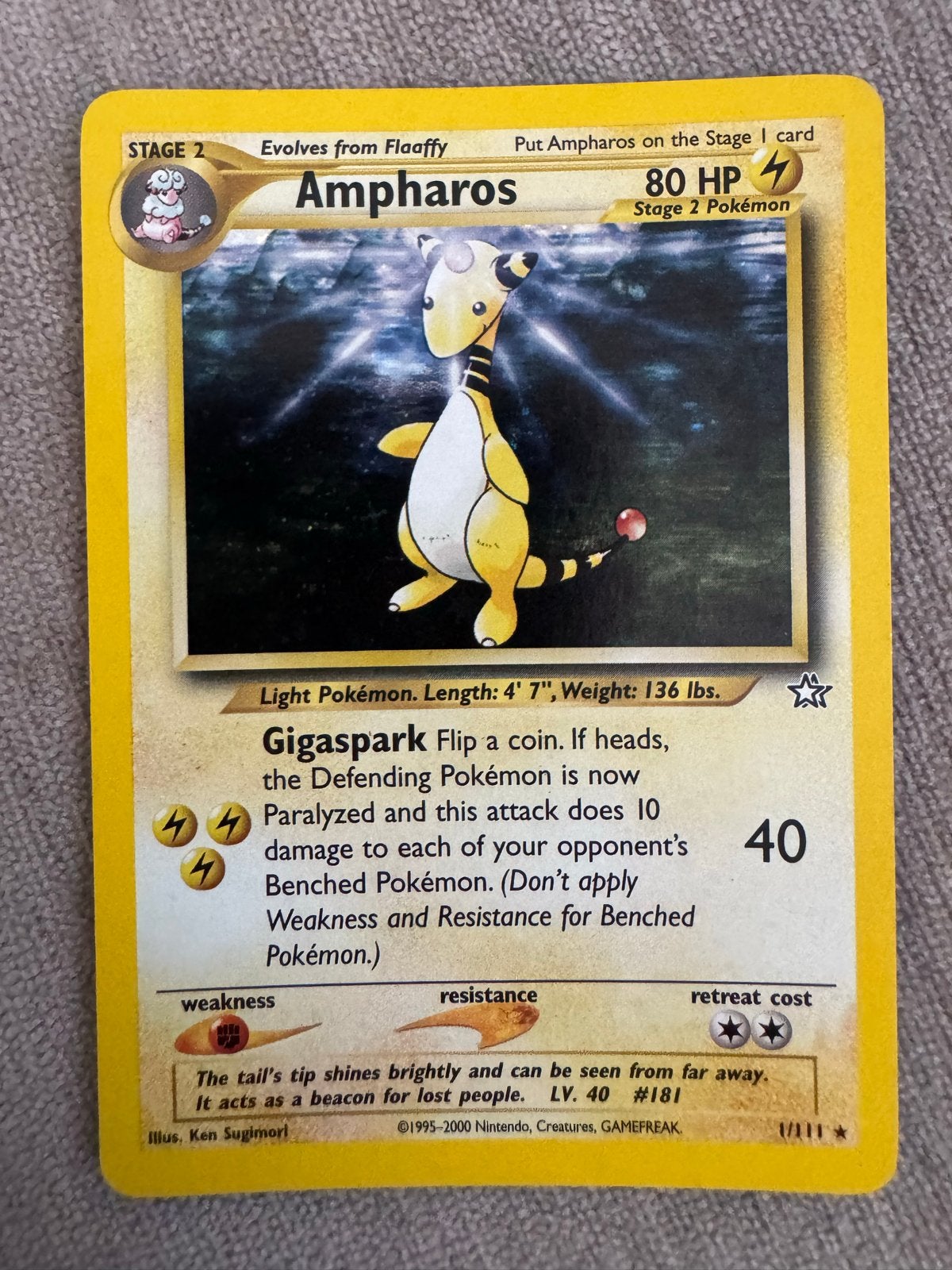Ampharos Pokémon kaart 1/111 Neo Genesis Holo, Ophalen of Verzenden, Zo goed als nieuw, Losse kaart, Foil