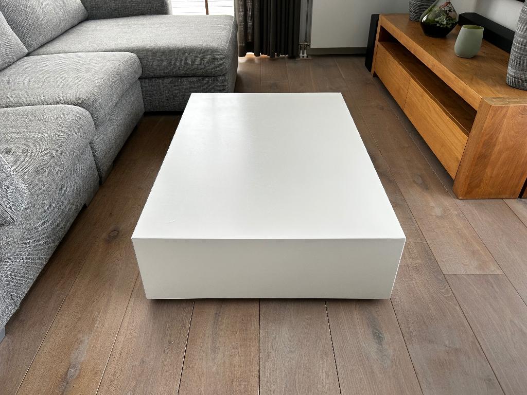 Moderne witte salontafel (verborgen lade), Ophalen, Overige materialen, 100 tot 150 cm, Modern wit