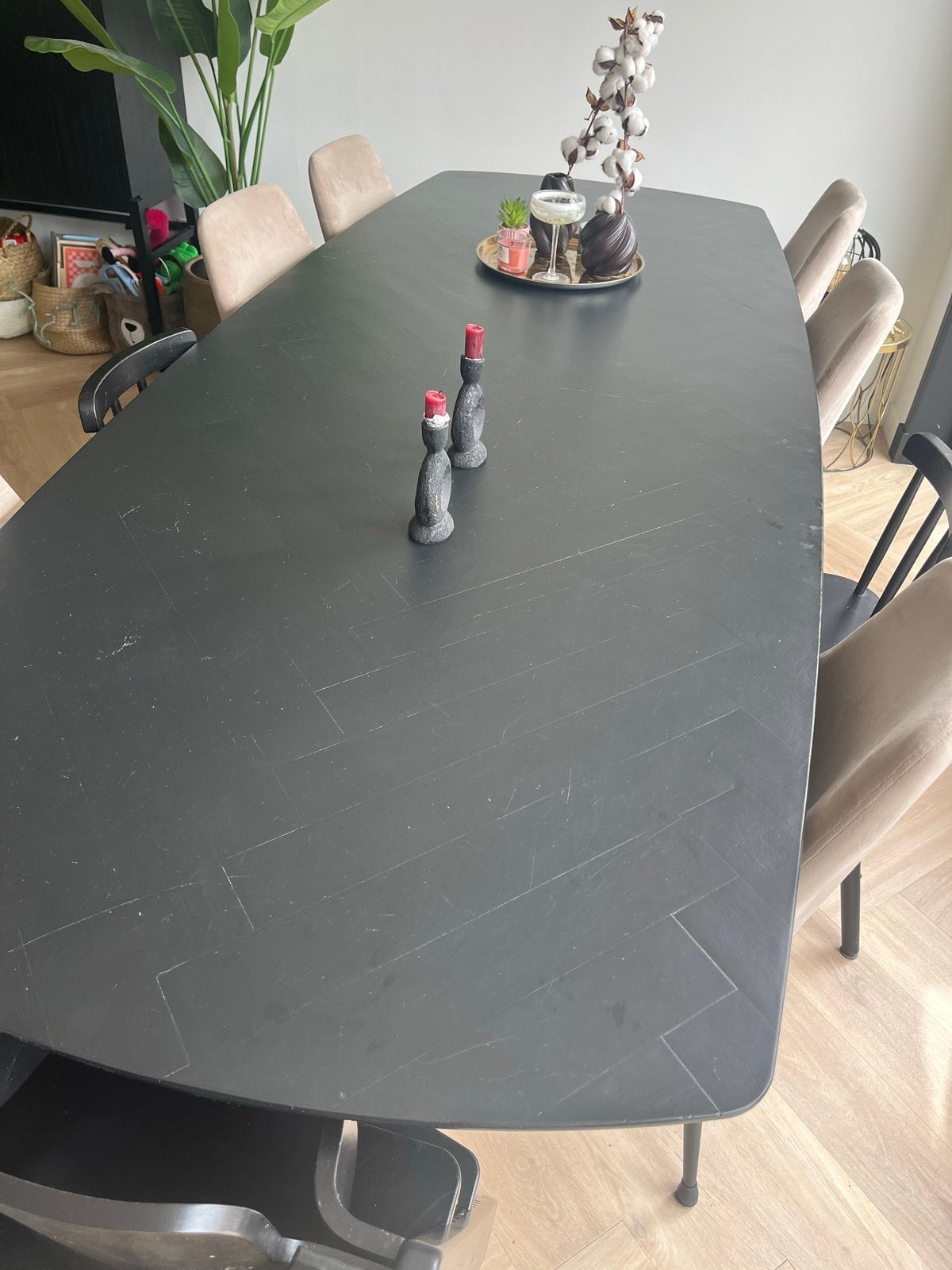 Zwarte Deens ovale eiken eettafel met visgraat motief, Ophalen, Gebruikt, 100 tot 150 cm, Eikenhout