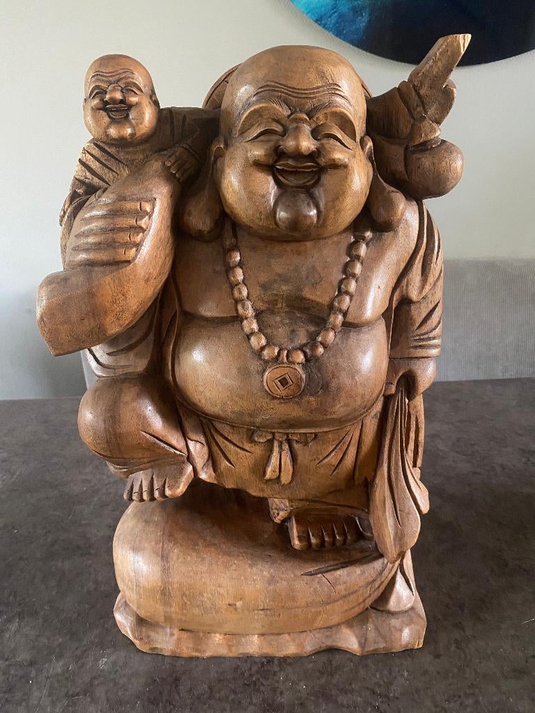 Hout handgemaakt Grote Happy boeddha beeld met kind 50 cm, Huis en Inrichting, Woonaccessoires | Boeddhabeelden, Gebruikt, Nvt particulier