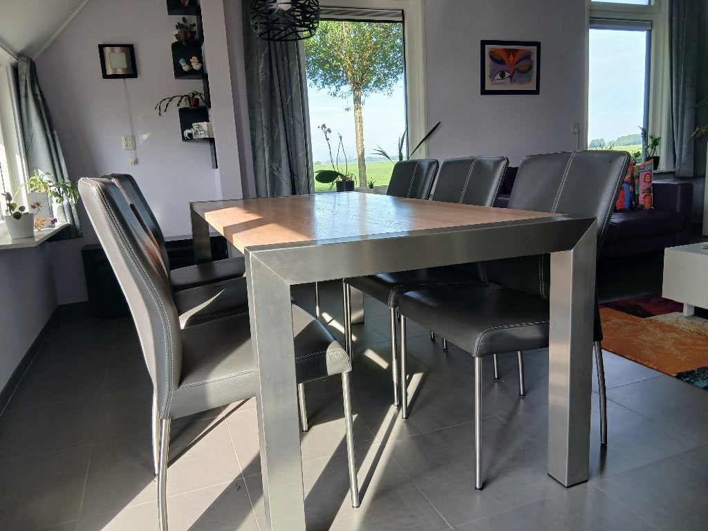 Set van 6 grijze leren eetkamerstoelen, Huis en Inrichting, Ophalen of Verzenden, Zo goed als nieuw, Vijf, Zes of meer stoelen