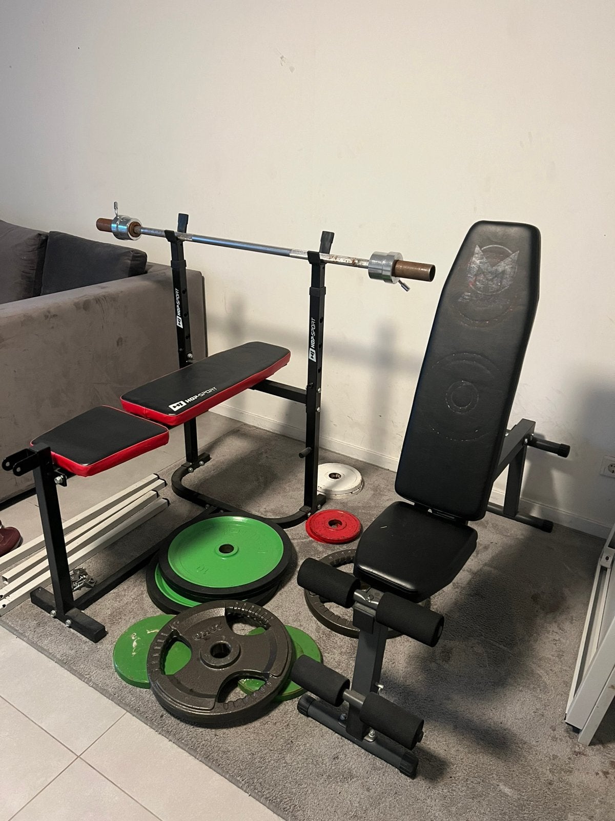 Hometraining set compleet 95 kg —banken +stang- €200 contant, Sport en Fitness, Ophalen, Gebruikt