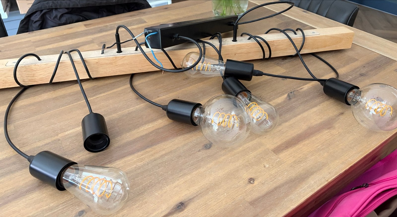 Hanglamp met houten balk en 6 Edison gloeilampen, Ophalen of Verzenden, Zo goed als nieuw, Hout, 75 cm of meer