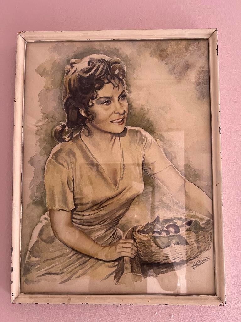 Aquarel Gina Lollobrigida door Adriaan de Bruyn 1955, Ophalen of Verzenden