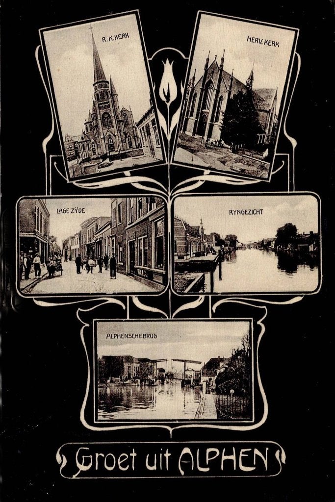 Alphen, verzamelkaart van stadsgezichten, Verzenden, 1920 tot 1940, Gelopen, Zuid-Holland