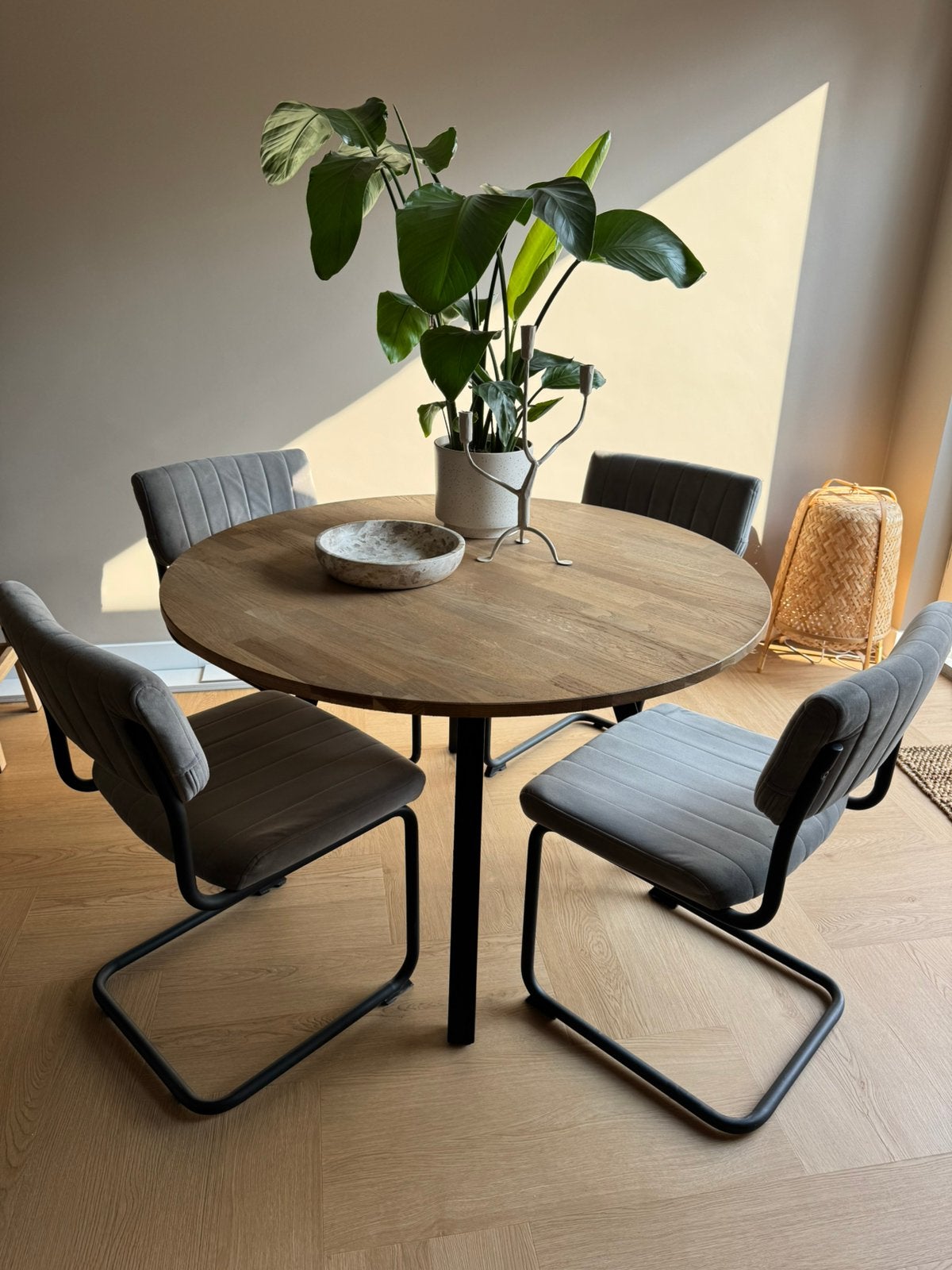 4 eetkamerstoelen grijs velours, Ophalen, Zo goed als nieuw, Rechthoekig, 50 tot 100 cm