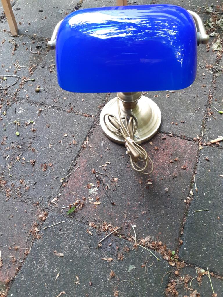 Vintage bankierslamp met blauwe kap, Ophalen