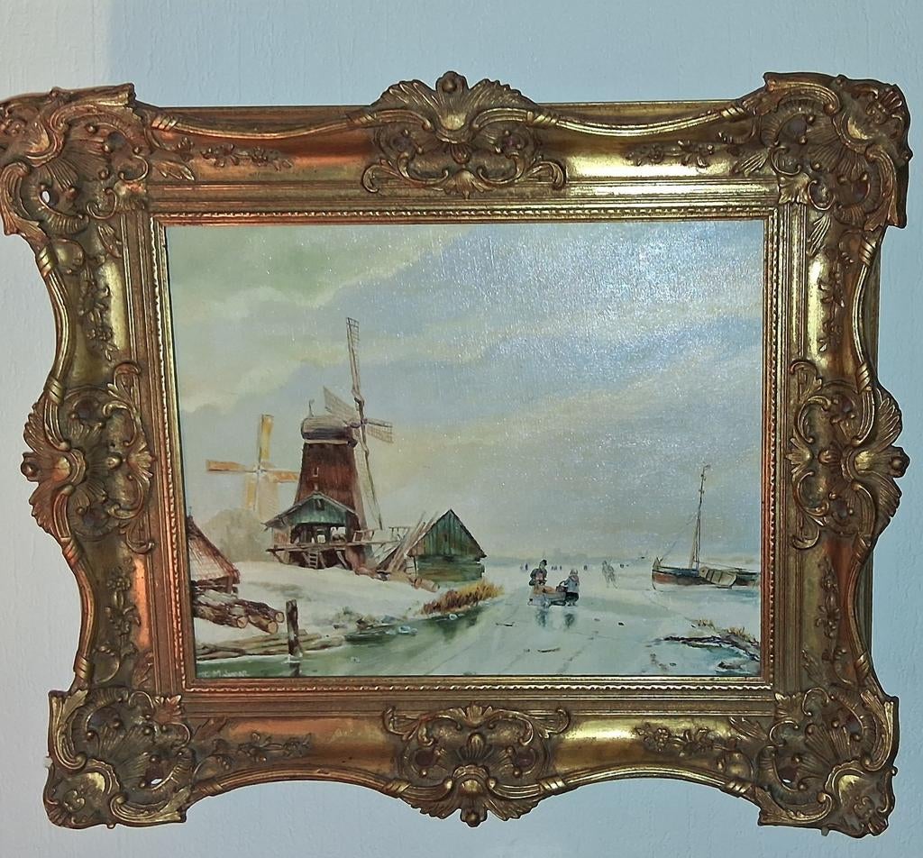 Prachtig wintergezicht gesigneerd Molenaar op linnen, Ophalen of Verzenden