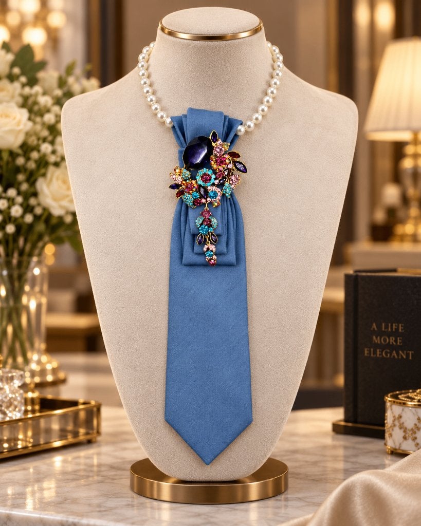Elegante stropdas ketting met broche – handgemaakt sieraad, Verzenden, Zo goed als nieuw, Blauw, Overige materialen