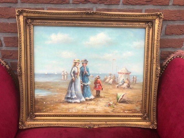 kleurrijk schilderij, strandgezicht rond 1900 sfeer, Ophalen of Verzenden