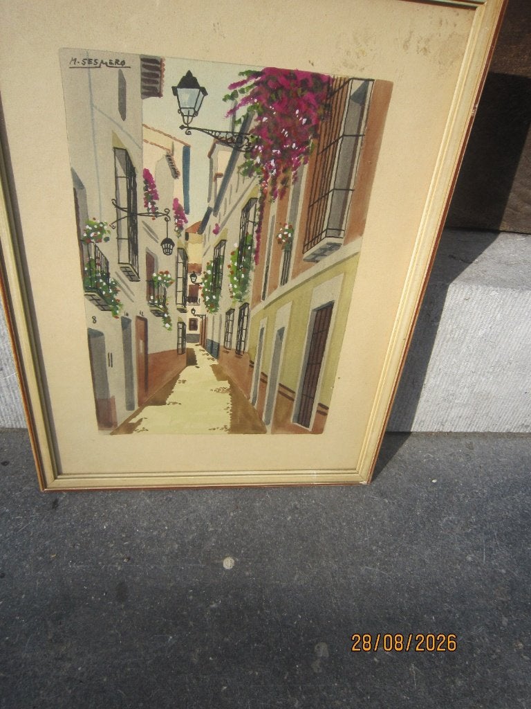 SESMERO, Mooie aquarel van een Spaanse straat, Overige herkomsten, Ophalen, Schilderij, Papier/karton