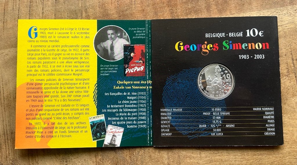 Zilveren 10 Euro België Georges Simenon 1903-2003, Ophalen of Verzenden, Koningin Beatrix, Euro's
