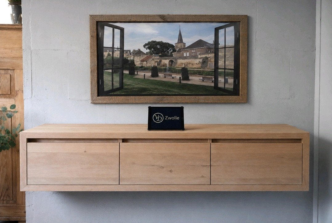 Tv-meubel op maat greeploos zwevend massief kleppen of laden, Huis en Inrichting, 150 tot 200 cm, Eikenhout, Nieuw, Ophalen of Verzenden